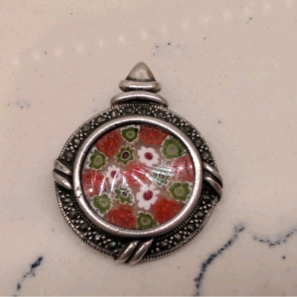 Vintage Sterling Silver Melifore Glass Pendant .925 Floral Pattern